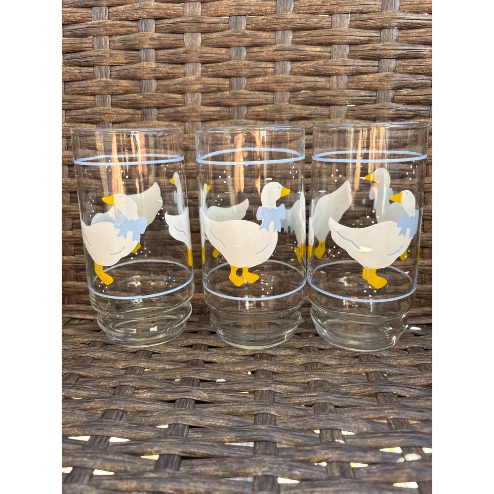 Vintage 80s Country Goose Drinking Glasses Set of 3 Blue Bow White Duck Tumblers